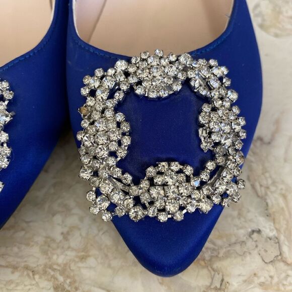 NEW! Royal Blue Satin & Crystal Buckle Embellishment Hangisi Ballet Flats - Picture 7 of 9